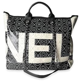 Chanel-Chanel Black And Beige Coated Canvas And Leather Camellia & Cc Print Shopper Tot-Black,Beige