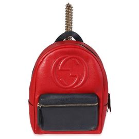 Gucci Red & Navy Pebbled Leather Soho Chain Backpack Red Blue