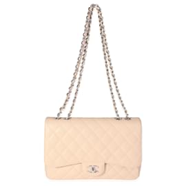 Chanel-Chanel Beige Quilted Caviar Jumbo Classic Single Flap Bag-Beige