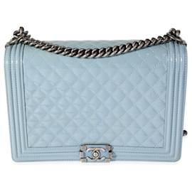 Chanel-Chanel Light Blue Quilted Patent Leather Large Boy Bag-Blue