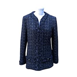 Chanel-2016 Giacca Bouclé frontale in lana blu navy con zip. Taglia 38 fr-Blu
