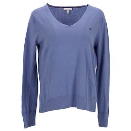 Tommy Hilfiger Suéter feminino de malha canelada com decote em V Roxo