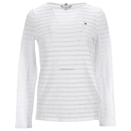 Tommy Hilfiger-T-shirt da donna a maniche lunghe a righe semitrasparenti-Bianco