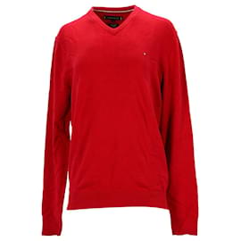 Tommy Hilfiger-Suéter masculino Tommy Hilfiger com decote em V em caxemira de algodão vermelho-Vermelho