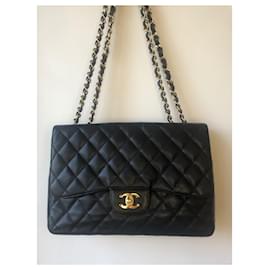 Chanel-Chanel Jumbo Black Caviar Single Flap Classic Timeless Flap Bag Gold Hardware-Black
