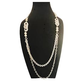 Dolce & Gabbana-Collier DOLCE & GABBANA en acier avec chaîne doublée de perles brillantes et diamantées-Argenté