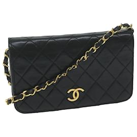 Chanel-CHANEL Matelasse Chain Shoulder Bag Lamb Skin Black CC Auth bs11475-Black
