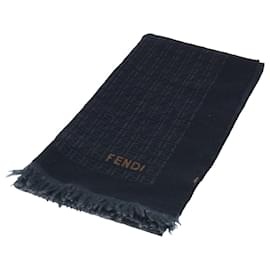 Fendi-FENDI Zucchino Canvas Scarf Wool Black Auth ti1475-Black