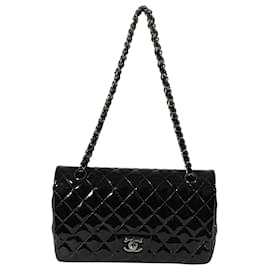 Chanel-Chanel Black Patent Medium Classic Double Flap-Black