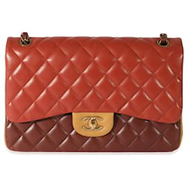 Chanel-Chanel Tri-Color Lambskin Jumbo Double Flap Bag-Red,Multiple colors,Beige,Dark red