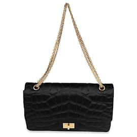 Chanel-Chanel Black Crocodile Stitch Satin Reissue 2.55 227 lined Flap Bag-Black