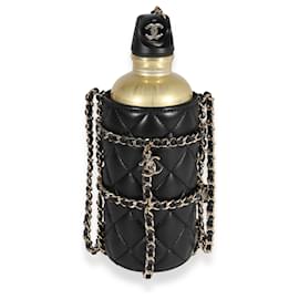 Chanel-Chanel Wasserflasche aus goldfarbenem Metall & schwarzer gesteppter Lammfellhalter-Andere