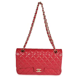 Chanel-Bolsa Chanel Red Acolchoada Pele de Cordeiro Médio Clássico Forrado com Flap-Vermelho