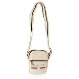 Gucci-Gucci White Grained Leather Logo Print Camera Crossbody Bag-White