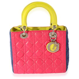 Christian Dior-Dior Tricolor Quilted Lambskin Medium Lady Dior Bag-Pink,Blue,Multiple colors,Green