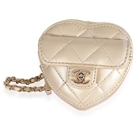 Chanel-Chanel Metallic Gold Quilted Lambskin Heart Coin Purse Necklace-Other