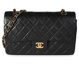 Chanel-Bolsa Chanel Vintage Preto Acolchoado Pele de Cordeiro Médio Clássico Forrado com Flap-Preto