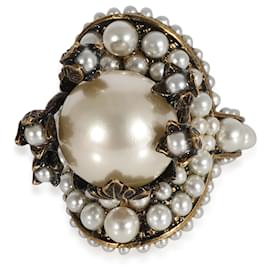 Gucci-Gucci Floral Buds Brass Tone Faux Pearl Flower Cocktail Ring-Other