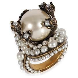 Gucci-Gucci Floral Buds Brass Tone Faux Pearl Flower Cocktail Ring-Autre