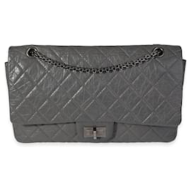Chanel-Reedición de piel de becerro envejecida acolchada gris de Chanel 2.55 227 bolsa de solapa forrada-Gris