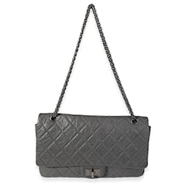 Chanel-Reedición de piel de becerro envejecida acolchada gris de Chanel 2.55 227 bolsa de solapa forrada-Gris