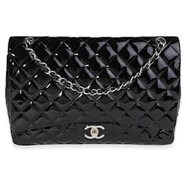 Chanel-Chanel Black Quilted Patent Leather Maxi Classic Double Flap Bag-Black