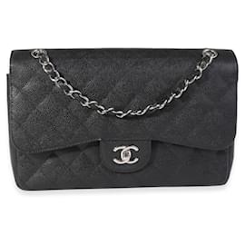 Chanel-Chanel Black Quilted Caviar Jumbo Classic Double Flap HandBag-Black