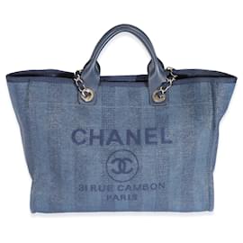 Chanel-Chanel Bolsa Grande Deauville de Fibras Mistas Marinha Listrada-Azul