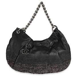 Chanel-Chanel Black Tweed Leather Coco Pleats Hobo-Black,Multiple colors,Dark red