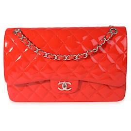 Chanel-Sac à rabat double Chanel rouge verni Classic Jumbo-Rouge
