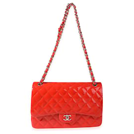 Chanel-Sac à rabat double Chanel rouge verni Classic Jumbo-Rouge