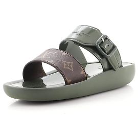 LOUIS VUITTON Monogram Sunbath Flat Mule Sandals T39 US Khaki