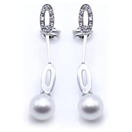 Autre Marque-Long earrings in white gold and pearls.-Silvery