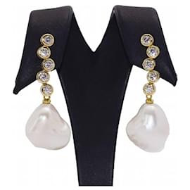 Autre Marque-Boucles d'oreilles STILL avec perles et diamants-Blanc,Doré