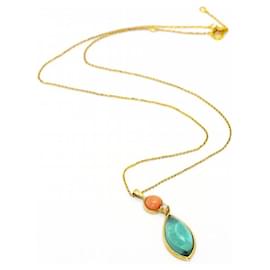 Autre Marque-Gold, Tourmaline and Coral Pendant Necklace-Golden,Orange,Olive green