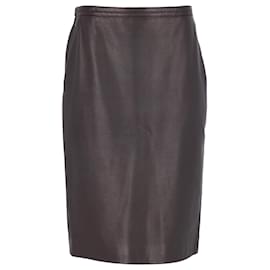Hermès-Hermes Knee-Length Pencil Skirt in Brown Leather-Brown