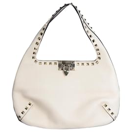 Valentino-Cream Rockstud leather shoulder bag-Cream
