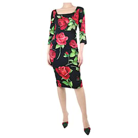 Dolce & Gabbana-Schwarzes und rotes Kleid mit Rosendruck aus einer Seidenmischung – Größe UK 12-Andere