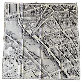 Christian Dior-Quadratische Karte von Paris 100% Seidentwill 88 x 86 cm - Neuer „Sammler“-Grau,Aus weiß