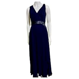 Jenny Packham-Bejewelled navy blue evening gown satin and chiffon UK 14 Jenny Packham-Navy blue
