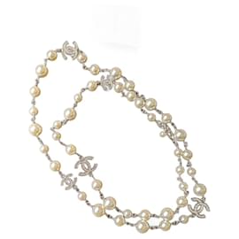 Chanel-CC A14V Classic Crystal Logo Collier long en perles avec boîte de réception-Argenté