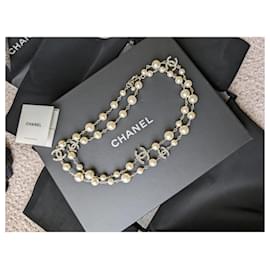 Chanel-CC A14V Classic Crystal Logo Pearl Long Necklace Box Quittung-Silber
