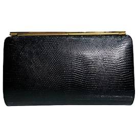 Gucci-Gucci Vintage Black Lizard Leather Box Case Framed Clutch with goldtone hardware-Black