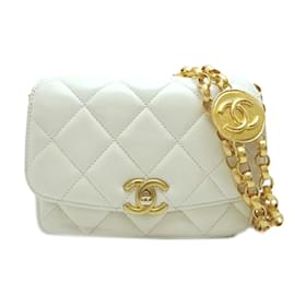 Chanel-Bolsa acolchoada com aba de corrente CC Coin-Branco