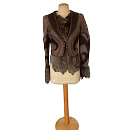 Just Cavalli-veste courte en cuir et peaux-Marron foncé