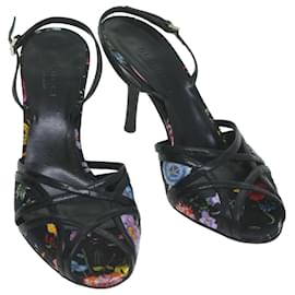 Gucci-GUCCI Flower High Heels Satin 5.5B Black Multicolor Auth ac2587-Black,Multiple colors