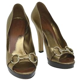 Gucci-GUCCI High Heels Leather 37 Gold Tone Auth ti1487-Other