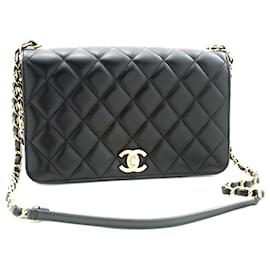 Chanel-CHANEL Full Flap Chain Shoulder Bag Black Quilted Lambskin Leather-Black