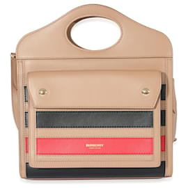 Burberry-Mini borsa tascabile Burberry a righe in pelle marrone chiaro e multicolore-Beige