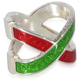 Gucci-Gucci Web Red & Green Crossover Enamel Ring in  Sterling Silver-Other